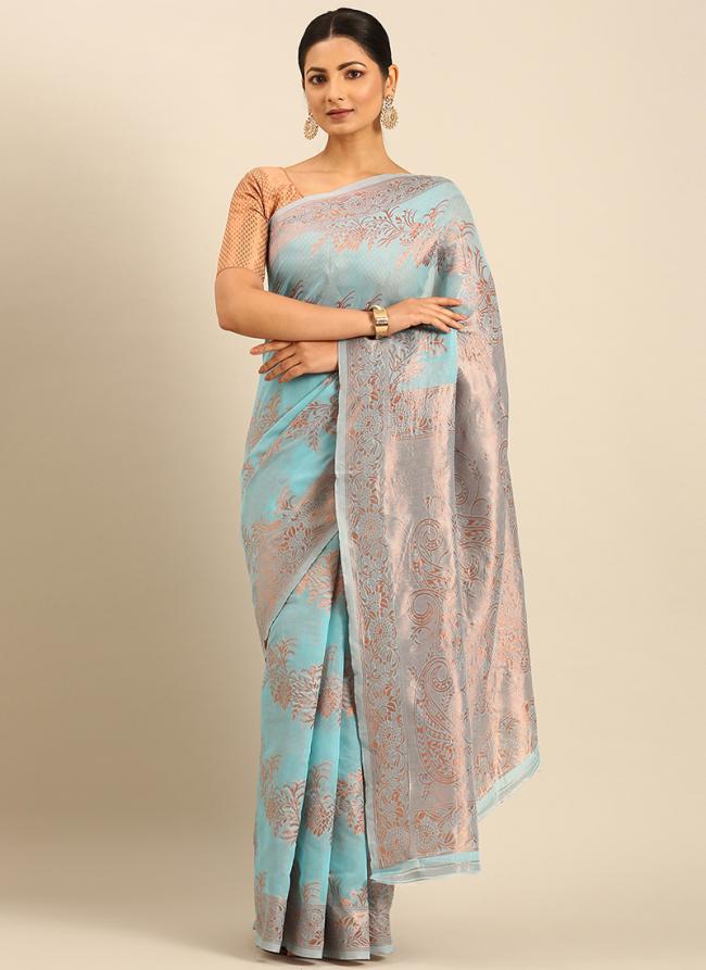 Cotton Sky Blue Daily Wear Weaving Saree